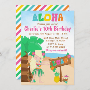 Convites Aloha Luau Beach Birthday Blonde Hair Girl Invitat