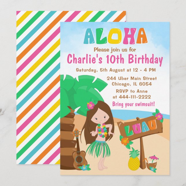Convites Aloha Luau Beach Birthday Brown Hair Girl Invitati (Frente/Verso)