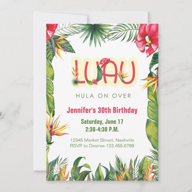 Convites Aloha Luau Birthday Tropical Floral Party (Frente)