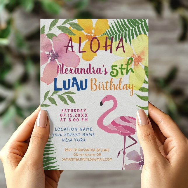 Convites Aloha Luau Flamingo Birthday (Criador carregado)