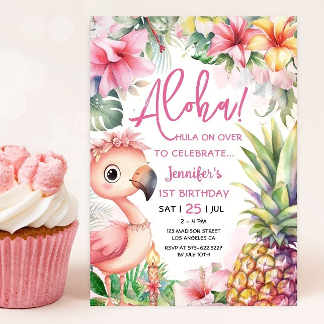 Convites Aloha! Luau primeiro aniversario Rosa Tropical Hav (Criador carregado)