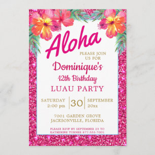 Convites Aloha Luau Rosa Glitter Hibiscus Tropical
