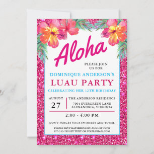 Convites Aloha Luau Tropical Havaiana, Glitter Rosa