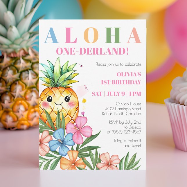 Convites Aloha Onederland primeiro aniversario de abacaxi d (Aloha Onederland Summer Pineapple 1st Birthday Invitation)