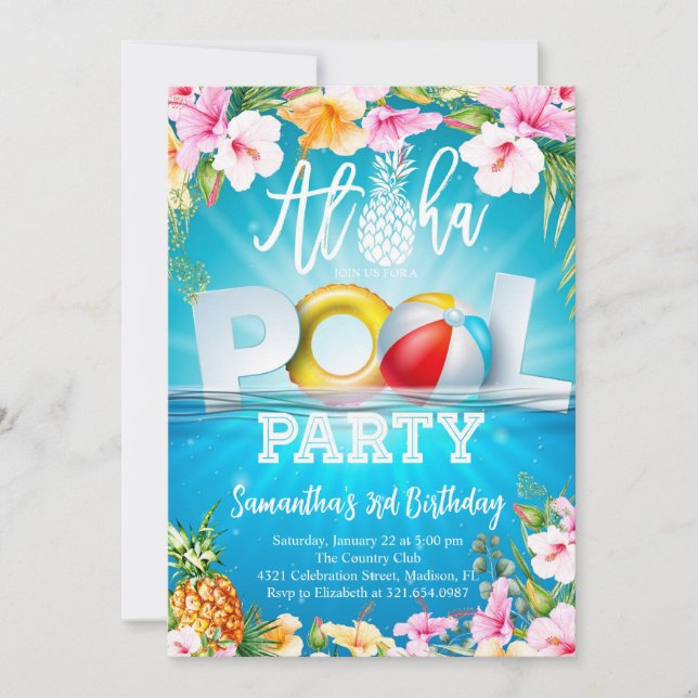 Convites Aloha Piscina Party Birthday (Frente)