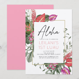 Convites Aloha Rosa e Vermelho Floral Tropical Menina 1º An