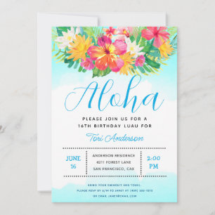 Convites Aloha Script Tropical Birthday Luau Blue