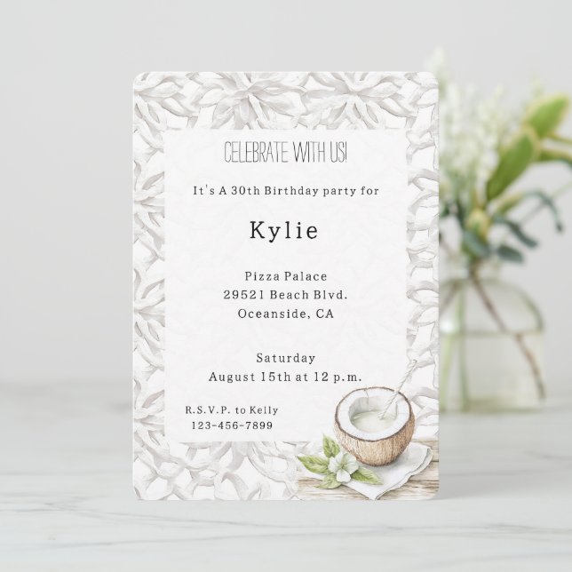 Convites Aloha Tropical Coconut Flower Aniversário (Em pé/Frente)