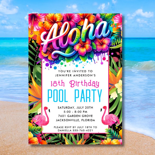 Convites Aloha Tropical Flamingo Birthday Pool Party (Criador carregado)