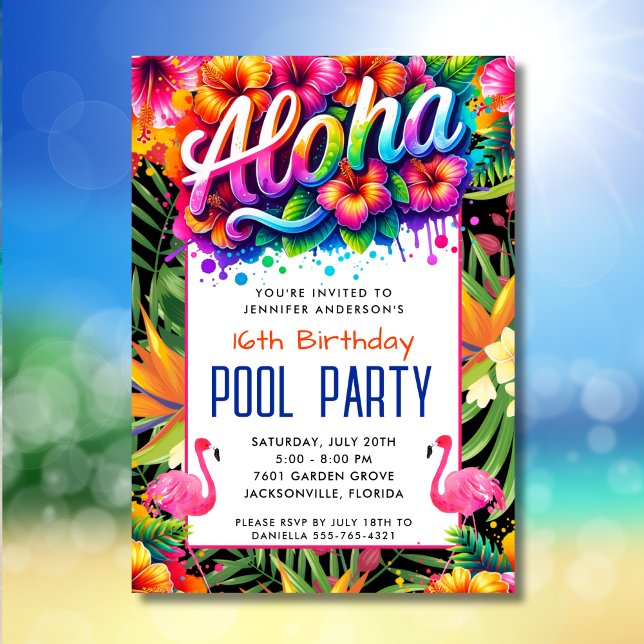 Convites Aloha Tropical Flamingo Birthday Pool Party  (Criador carregado)