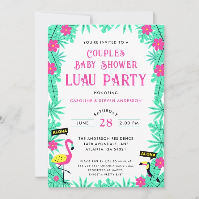 Convites Aloha Tropical Flamingo Casal Chá de fraldas Luau (Frente)