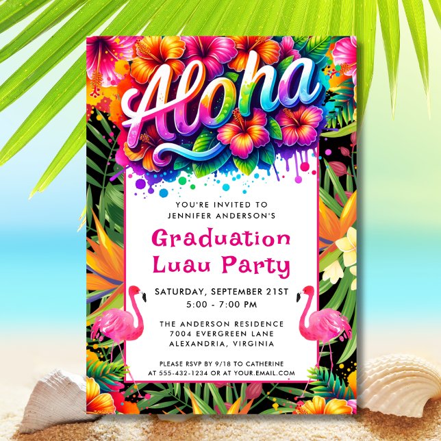 Convites Aloha Tropical Flamingo Graduation Luau Party (Criador carregado)