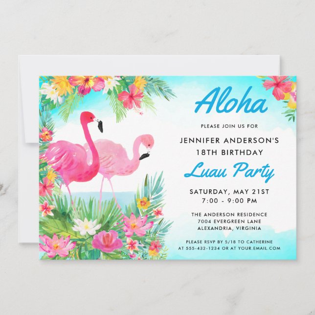 Convites Aloha Tropical Flamingo Luau Festa de aniversário (Frente)