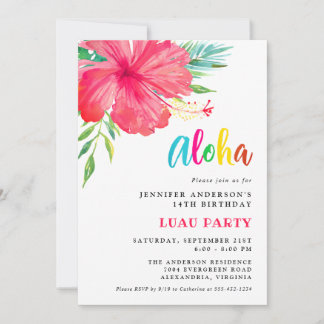 Convites Aloha Tropical Rosa Hibiscus Floral Luau Aniversár