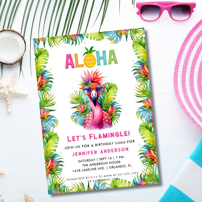 Convites Aloha Vamos Flamingle Tropical Flamingo Birthday (Criador carregado)