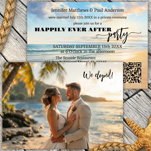 Convites Alopeamento de Praia Feliz Para Sempre Após Foto D (Happily ever after or elopement photo wedding invitation featuring a watercolor painting of a beach)