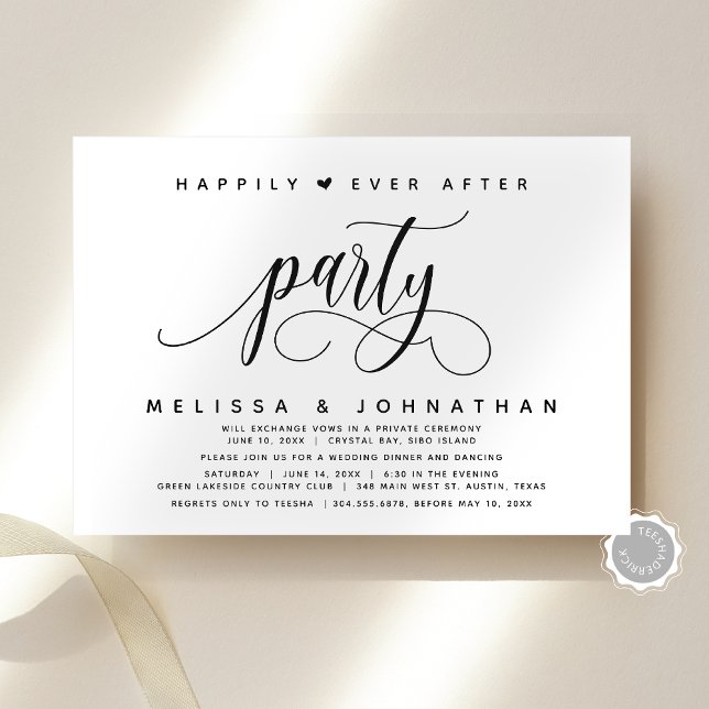 Convites Alopemento de Casamento Moderno Feliz Sempre Depoi (Modern Script Classy Wedding Elopement Happily Ever After Party Invitation Card, Digital and Printed)