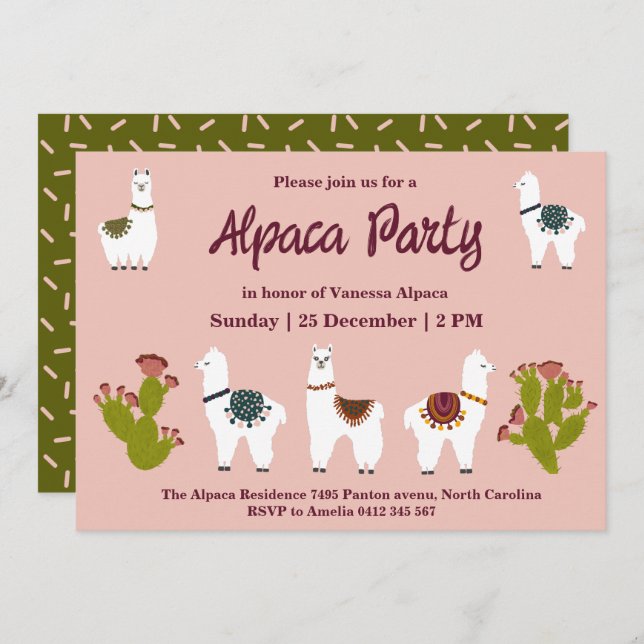 Convites Alpaca Party Cactus Pink Birthday (Frente/Verso)