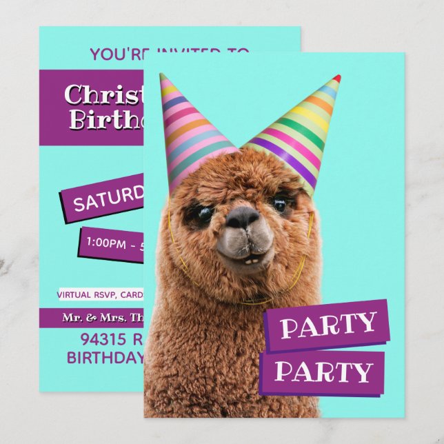 Convites Alpaca Usando Chapéus de Festa (Frente/Verso)