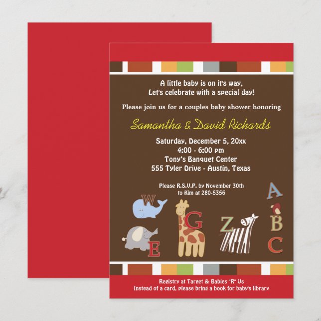 Convites Alphabet Soup Jungle Chá de fraldas Invite (Brown) (Frente/Verso)