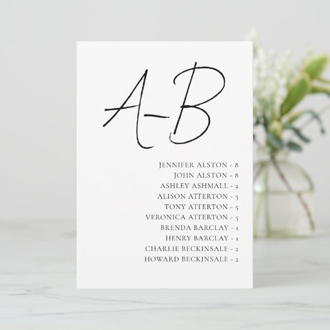 Convites Alphabetical Seating Chart,Minimalist Wedding Card (Em pé/Frente)
