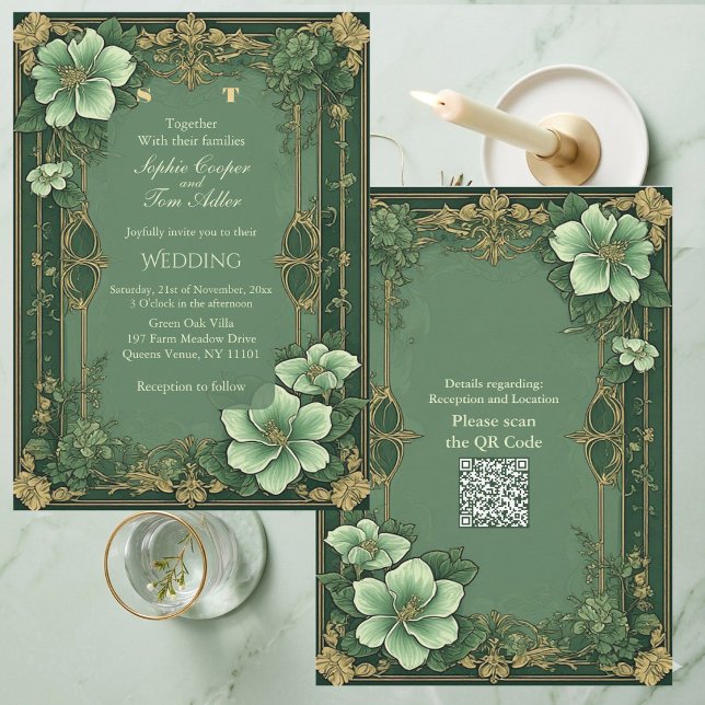 Convites Alphonse Mucha Flores Opulência Verde Salvia Casam (Alphonse Mucha Florals Opulence Sage Green Wedding Invitation)