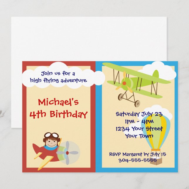 Convites Alta Festa de aniversário de Aventura de Voo (Frente/Verso)