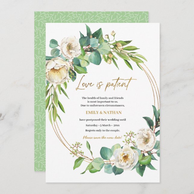 Convites Alterar a data Dourado e White floral Invitation (Frente/Verso)