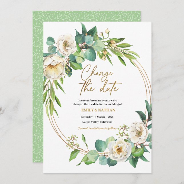 Convites Alterar a data Dourado e White floral Invitation (Frente/Verso)