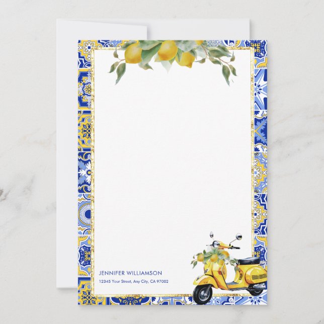 Convites Amalfi Blue Azulejo Italiano Limons Notecard (Frente)