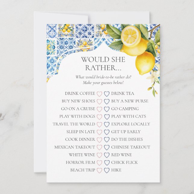 Convites Amalfi Coast Bridal Shower Would She Rather Game (Frente)