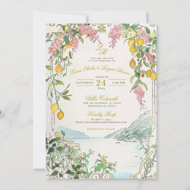 Convites Amalfi Coast Wedding Invitation Custom Lemon Beach (Frente)