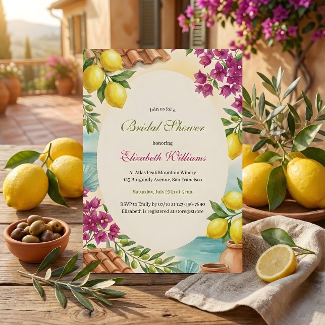 Convites Amalfi Lemons Coastal Italian Summer Bridal Shower (Italian Summer Bridal Shower – Amalfi Lemons & Bougainvillea, Coastal, Personalized)