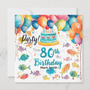 Convites Amante da Pesca Aniversário de 80 anos Aquarela