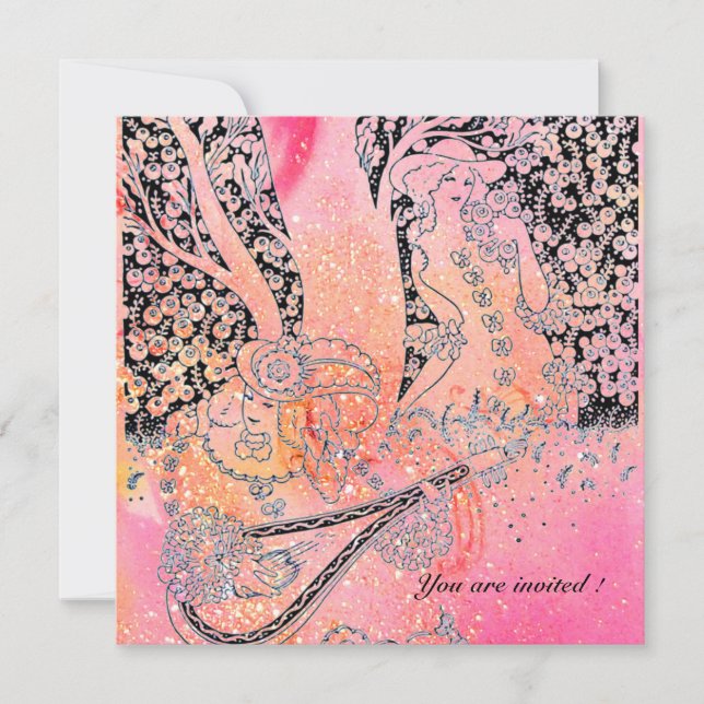 CONVITES AMANTES ROMÂNTICOS, ROMANCE EM BRILHOS ROSA FÚCSIA (Frente)