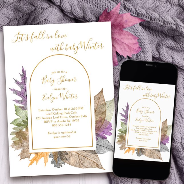 Convites Amar outubro deixa Chá de fraldas elegante (Fall in Love Baby Shower Invitation with modern arch and delicate autumn leaves)