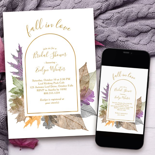Convites Amar outubro deixa Chá de panela elegante (Fall in Love Bridal Shower invitation with delicate autumn leaves)