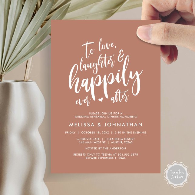 Convites Amar Rindo e Feliz Nunca Depois (To Love Laughter and Happily Ever After, Wedding Rehearsal Dinner Invitation Card, PDF, Terracotta)