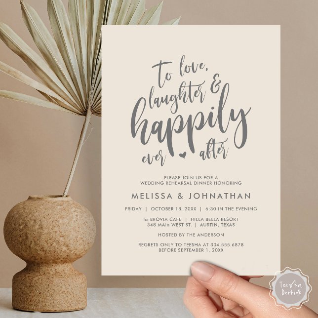 Convites Amar Rindo e Feliz Nunca Depois (To Love Laughter and Happily Ever After, Wedding Rehearsal Dinner Invitation Card, PDF, Cream Grey)