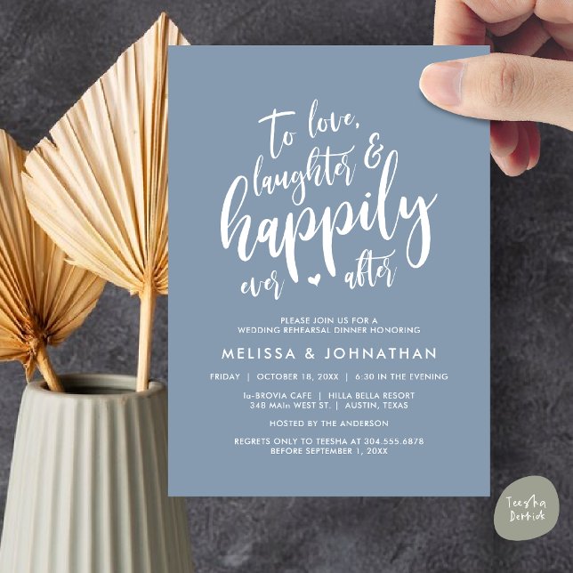 Convites Amar Rindo e Feliz Nunca Depois (To Love Laughter and Happily Ever After, Wedding Rehearsal Dinner Invitation Card, PDF, Dusty Blue)