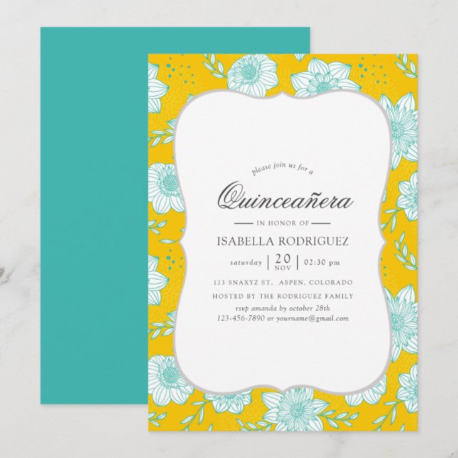 Convites Amarela e floral Teal Quinceañera (Frente/Verso)