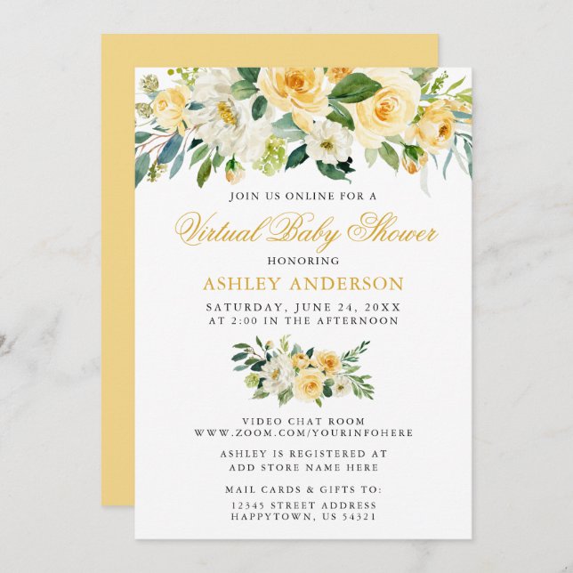 Convites Amarelo Amarelo de Aquarela do Chá de fraldas Virt (Frente/Verso)