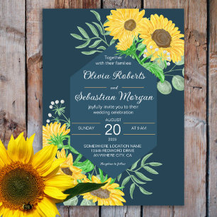 Convites Amarelo Amarelo Girassóis no Casamento Azul Marinh
