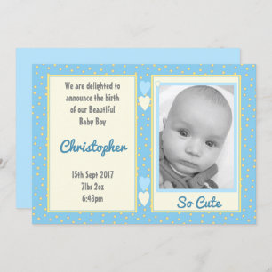 Convites Amarelo azul com detalhes de nascimento e foto de