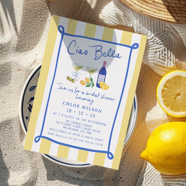 Convites Amarelo branco Chá de panela azul-azul-civil (Ciao Bella Bridal Shower Invitation, That's Amore Bridal Shower Invite, Italian Themed Yellow Blue)