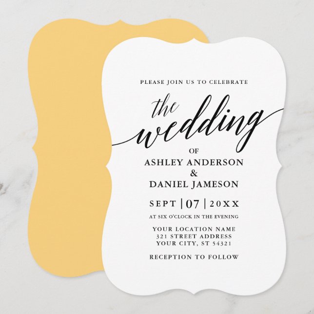 Convites Amarelo de Casamento Elegante Moderno (Frente/Verso)