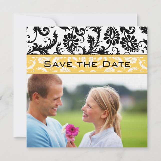 Convites Amarelo de Narciso & Preto Damask Save the Date (Frente)