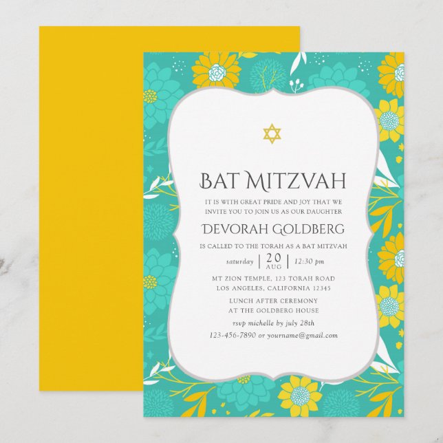 Convites Amarelo e Teal Bat Mitzvah (Frente/Verso)
