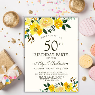 Convites Amarelo Elegante Aquarela Floral 50º Aniversário