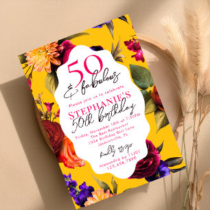 Convites Amarelo Floral 50 & Fabuloso Aniversário de 50 ano